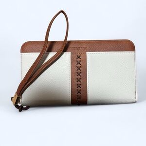 Cream and Brown Leather Wristlet